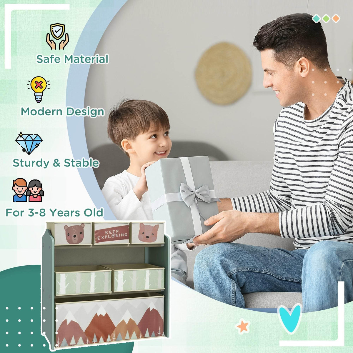 Kids green storage unit with fabric bins, sturdy build for child use