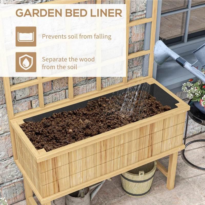Wooden garden planter with garden bed liner illustration and soil inside