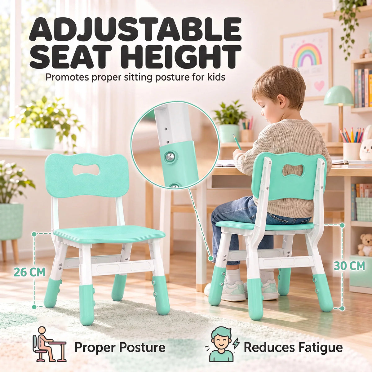 Adjustable kids chair with backrest, mint seat height adjustment on white legs