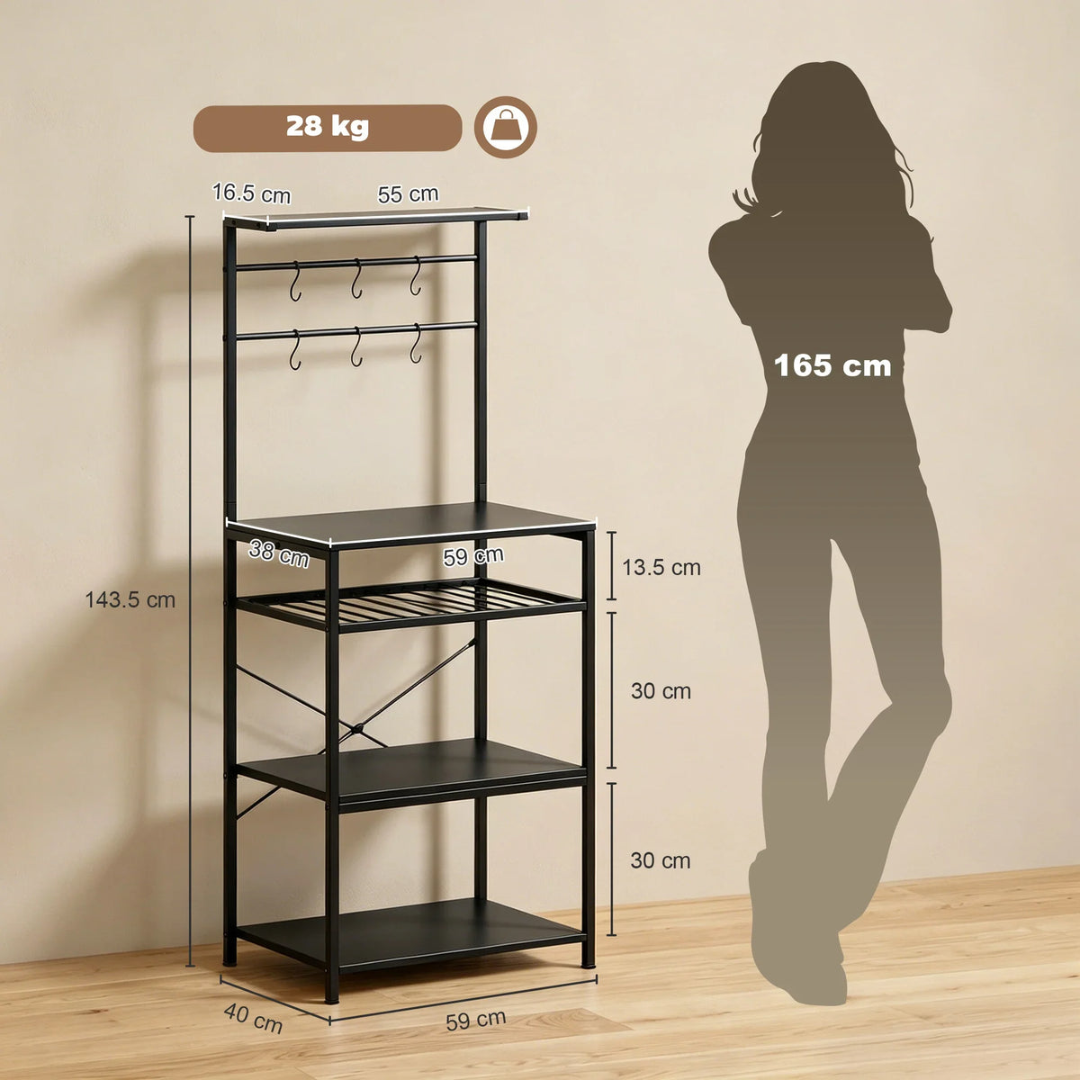 Black 5-tier shelving unit with wine rack, hanging hooks, open shelves, and size diagram