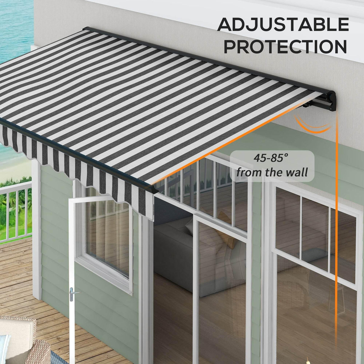 Wall-mounted retractable awning with striped fabric and adjustable pitch