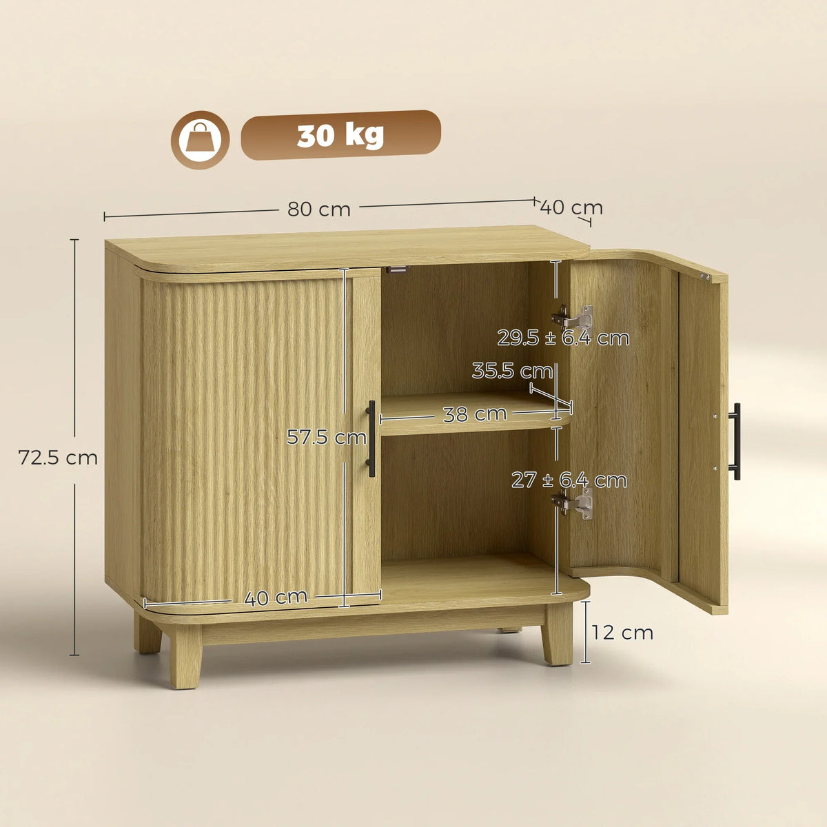 Light wood sideboard cabinet with open interior and adjustable shelves, curved double doors