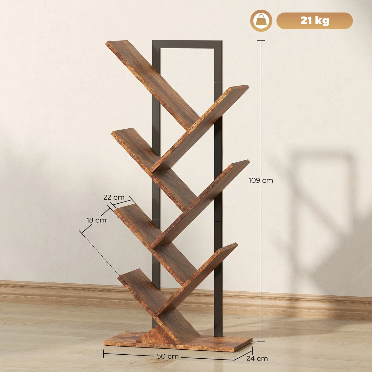 Freestanding six-tier tree bookcase with dark wood-effect shelves on black steel base