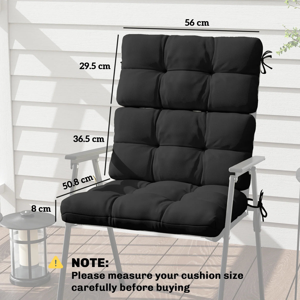 Black cushion with backrest and seat, quilted panels, labeled size in cm
