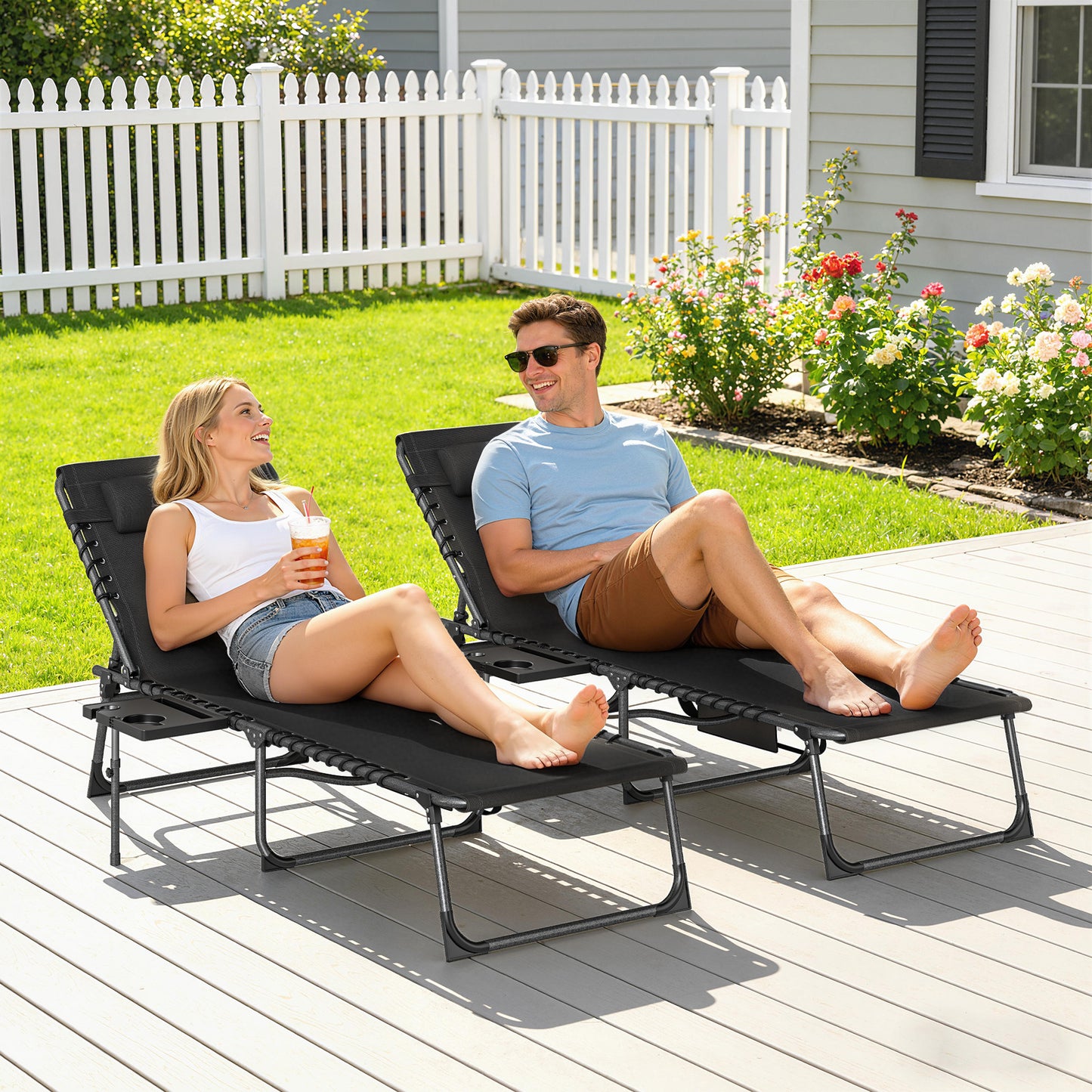 Outsunny Five Position Reclining Sun Loungers Set Of Two In Black With Powder Coated Steel Frames And Removable Pillow
