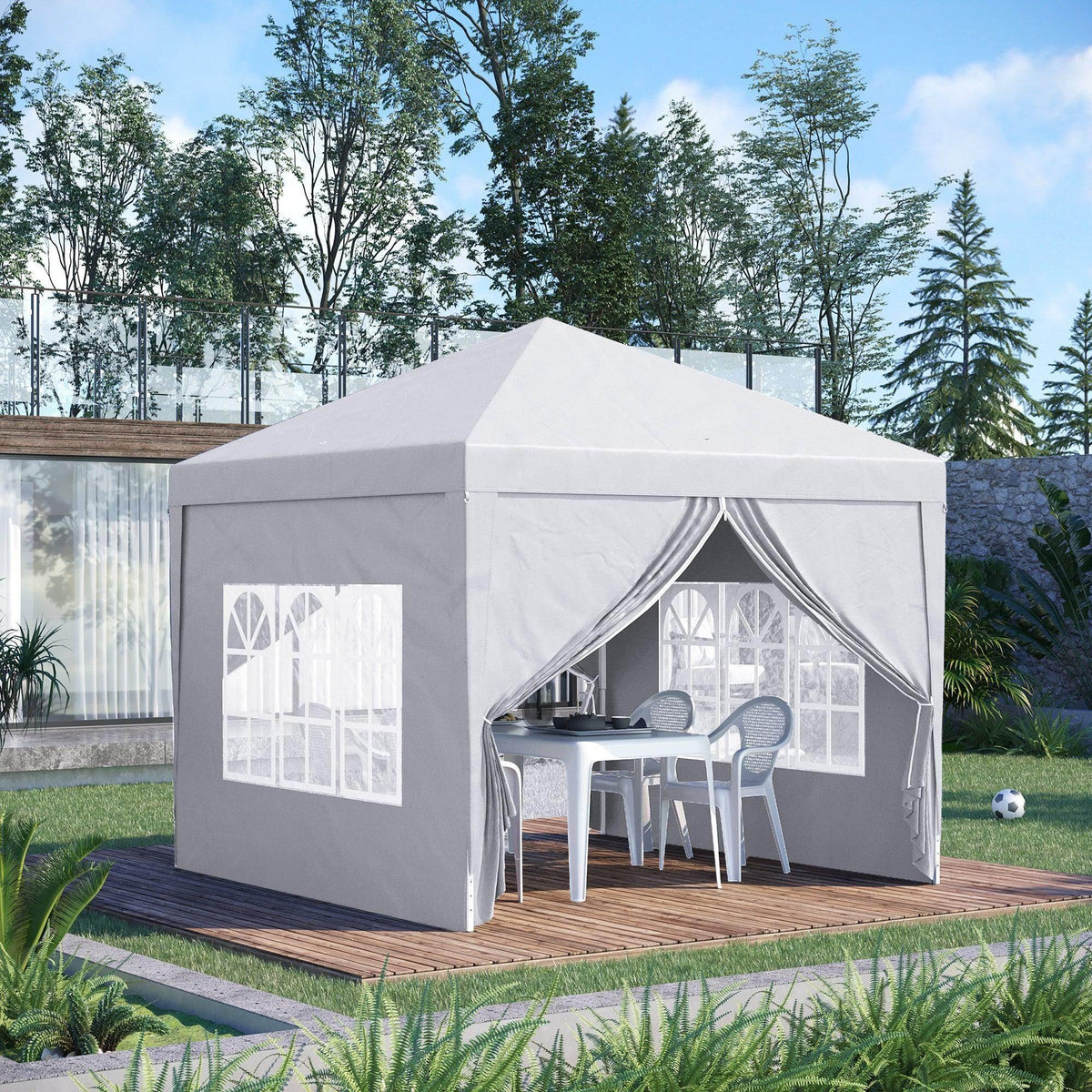 White pop-up gazebo tent with side curtains and an arched front door opening