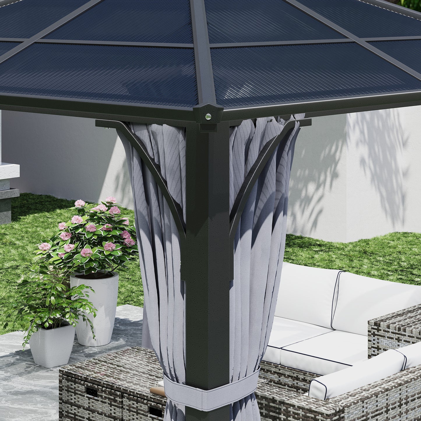 Outsunny 3m x 3m Hardtop Gazebo Canopy With 7mm Polycarbonate Roof Mosquito Netting And Curtains For Patio Dark Grey