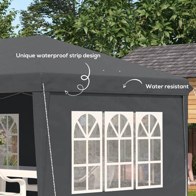 Grey pop-up gazebo sidewall with printed window panels and rain strip seam detail