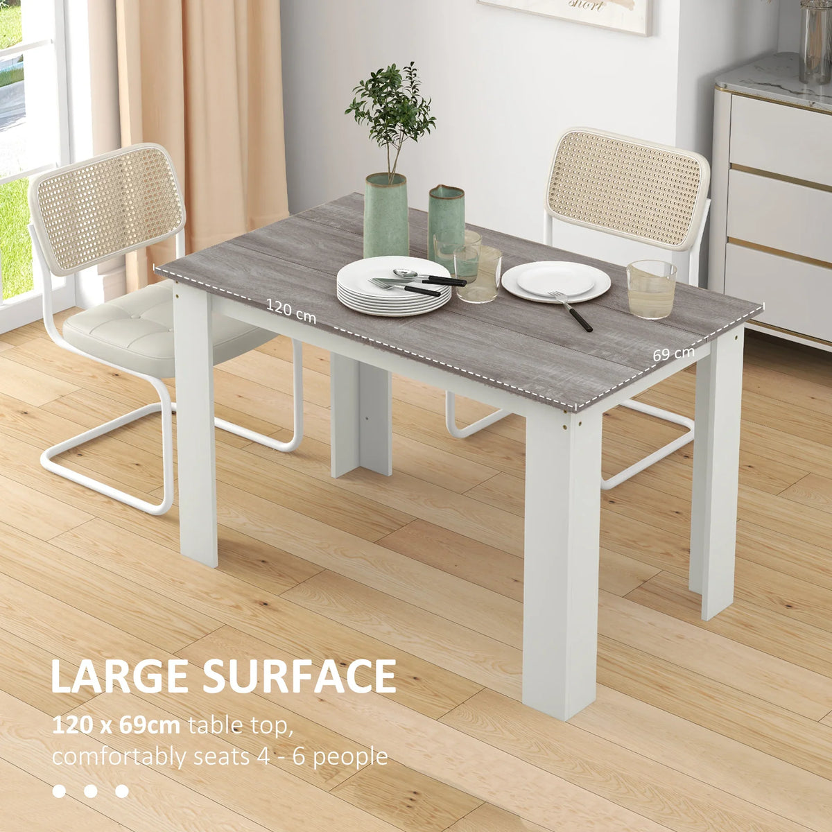 Rectangular grey wood-effect dining table for 4 to 6 with white legs
