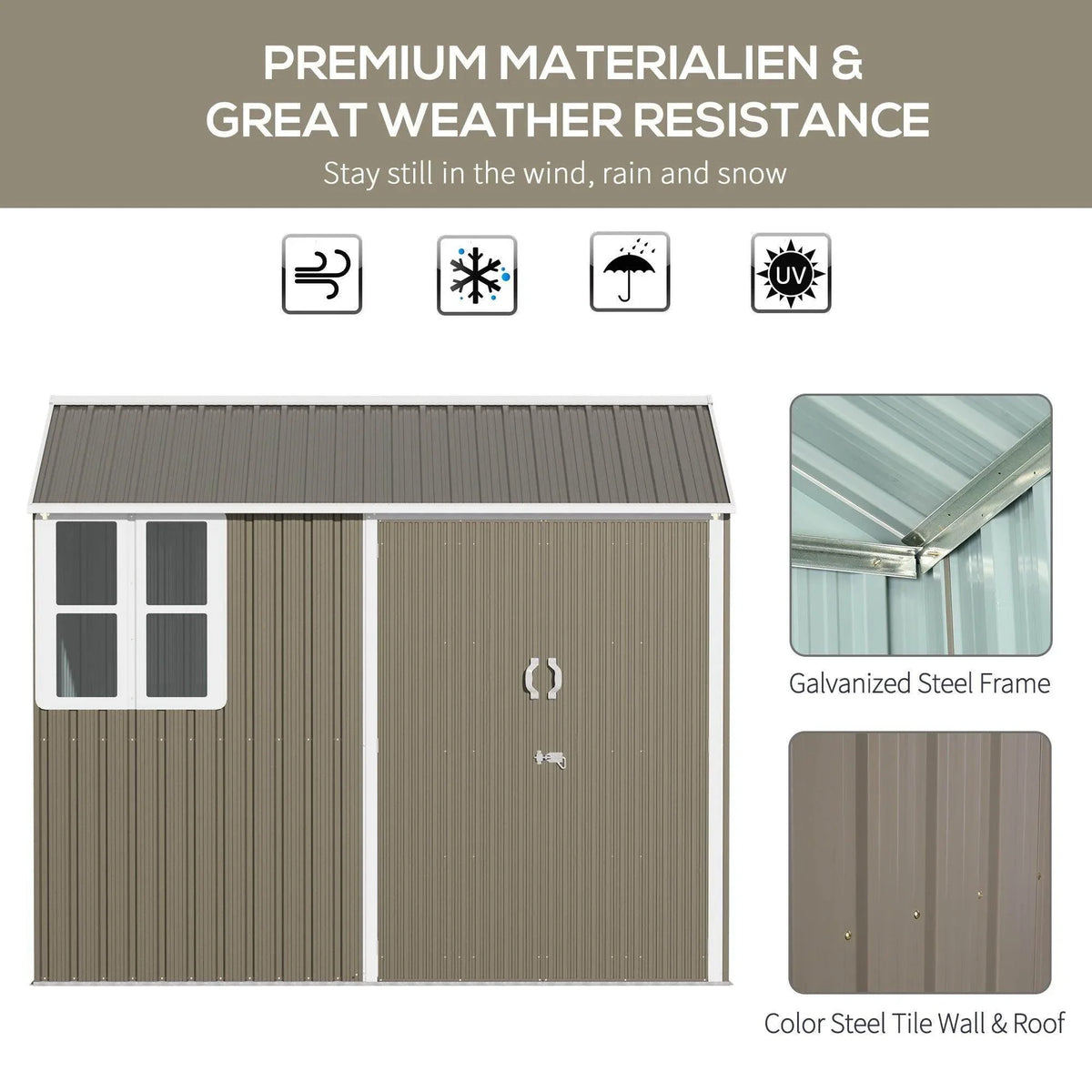 Grey galvanized-steel garden shed with double doors, side window panels, and vents