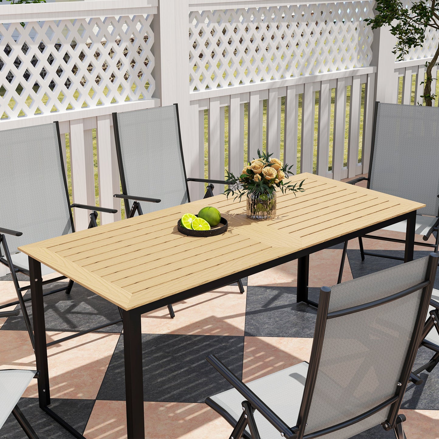 Outsunny 6 Person Outdoor Dining Table Rectangular With Slatted Top And Metal Frame 175x78x75 cm For Balcony Deck Teak