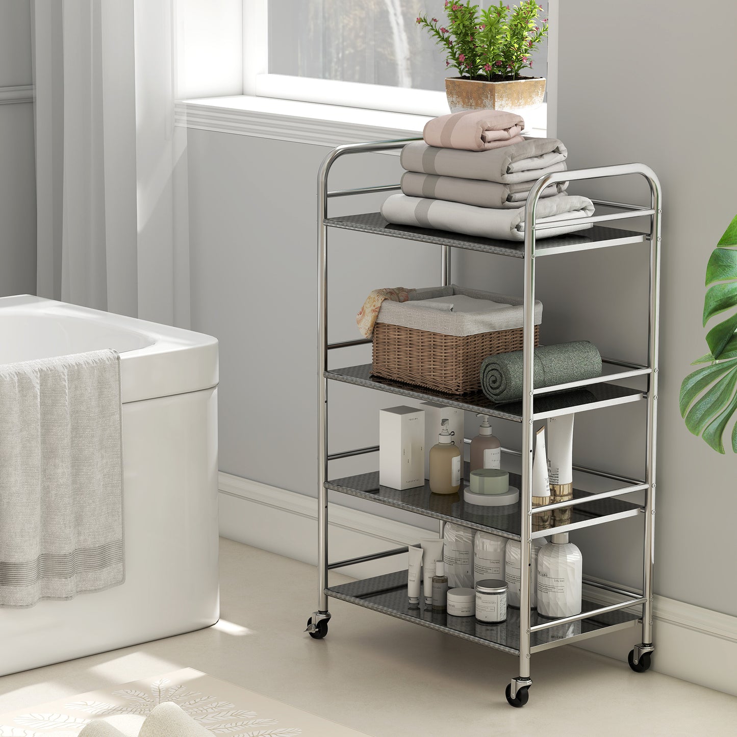 HOMCOM 4 Tier Stainless Steel Kitchen Storage Trolley With Adjustable Shelves And Locking Wheels Silver