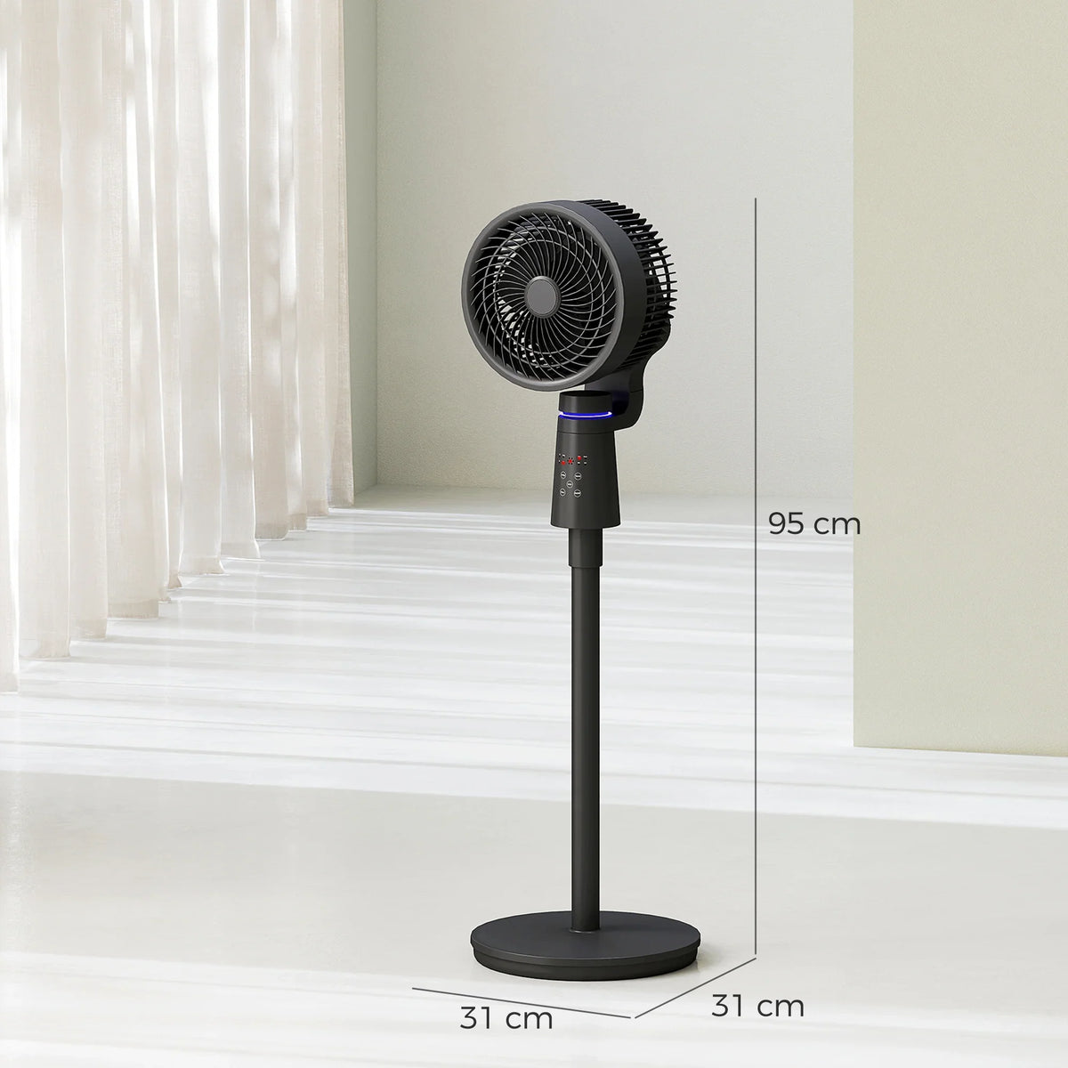 Tall black pedestal fan with front circular grille and round stand base, side view