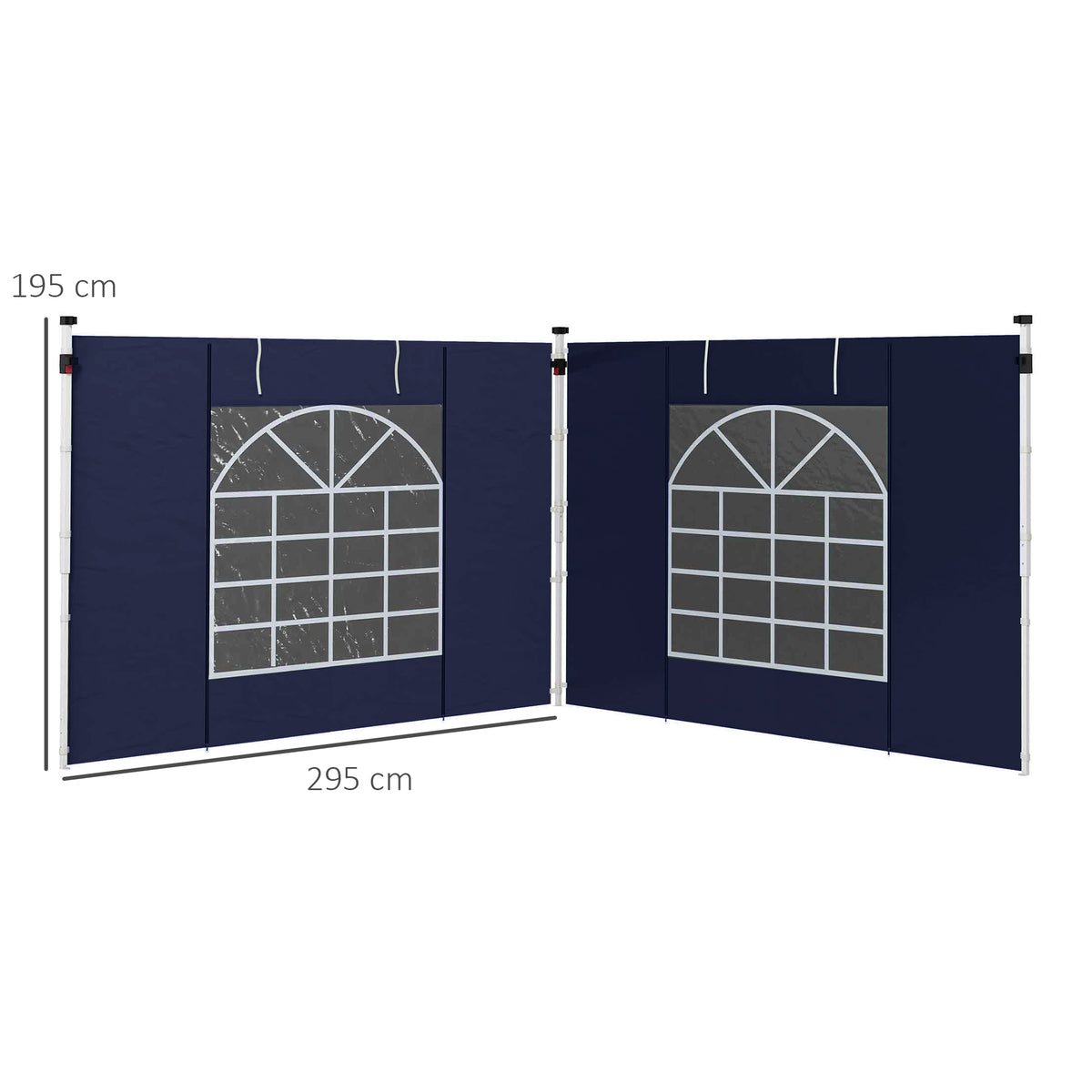 Two blue side wall panels with white window grid design, 295 cm wide