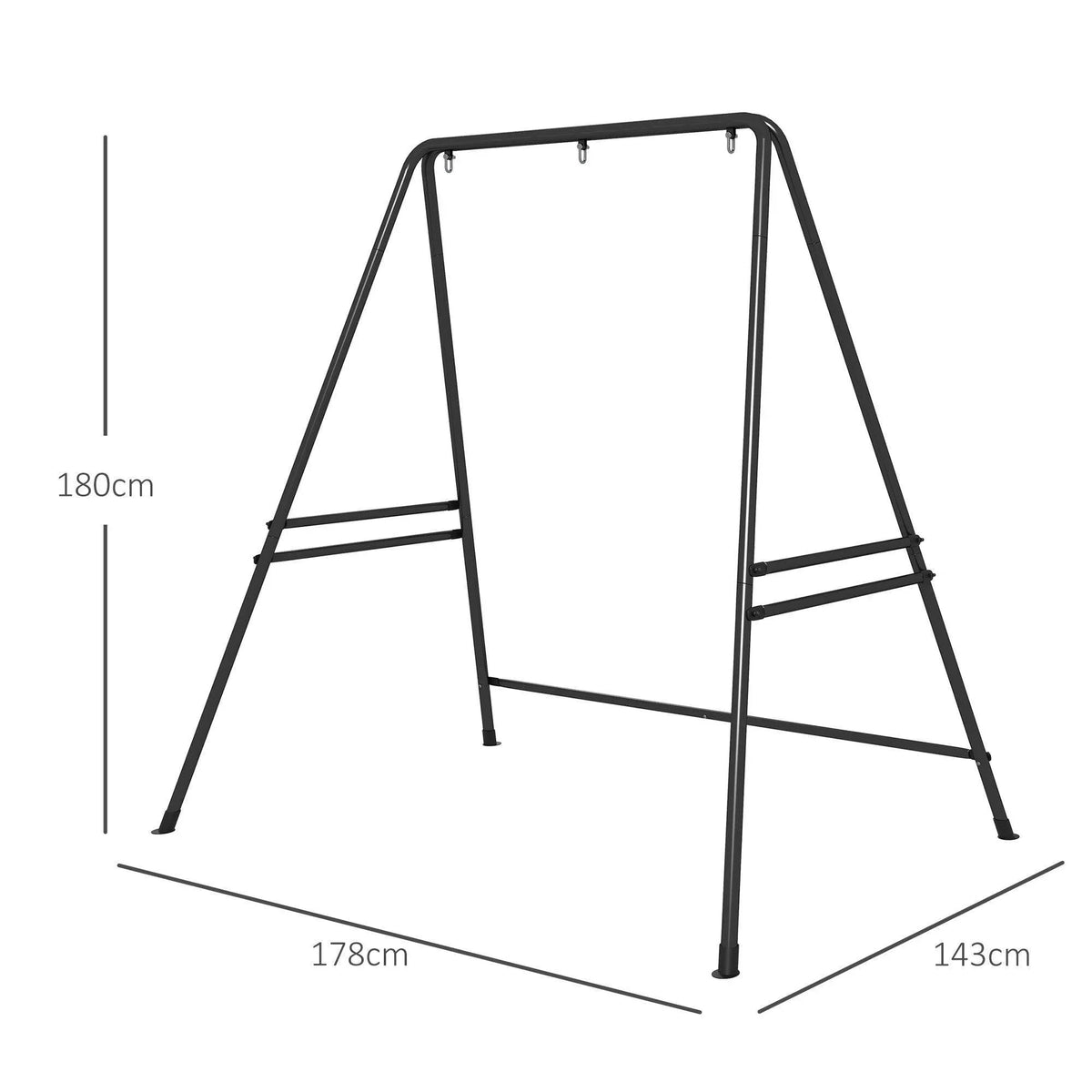 Black metal hammock chair stand with four legs and top bar, 180 cm height