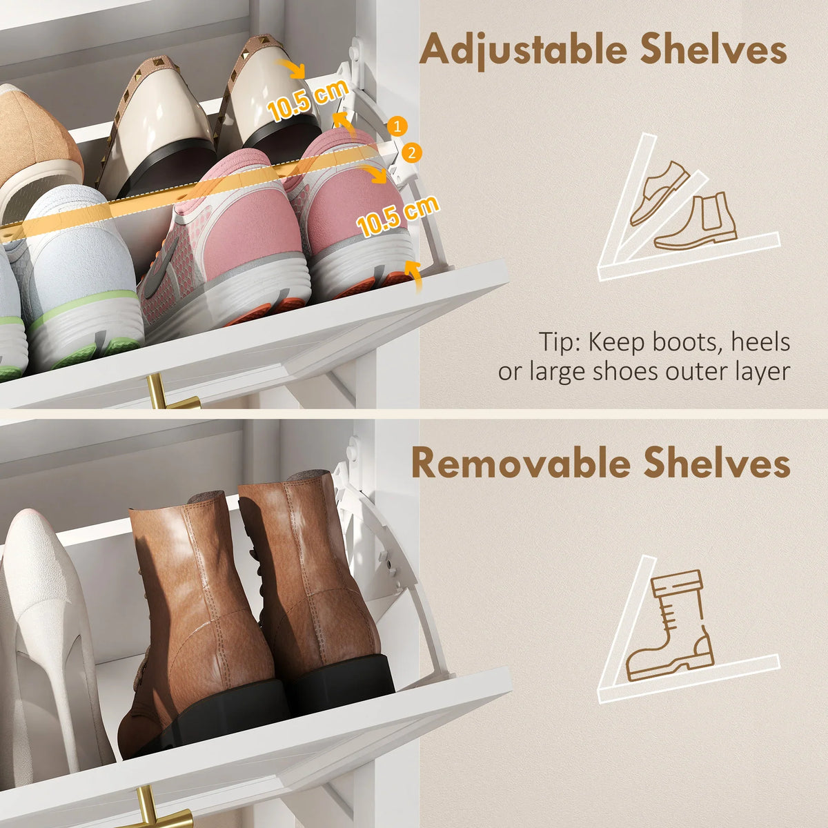 White shoe cabinet with adjustable and removable interior shelves for boots and heels