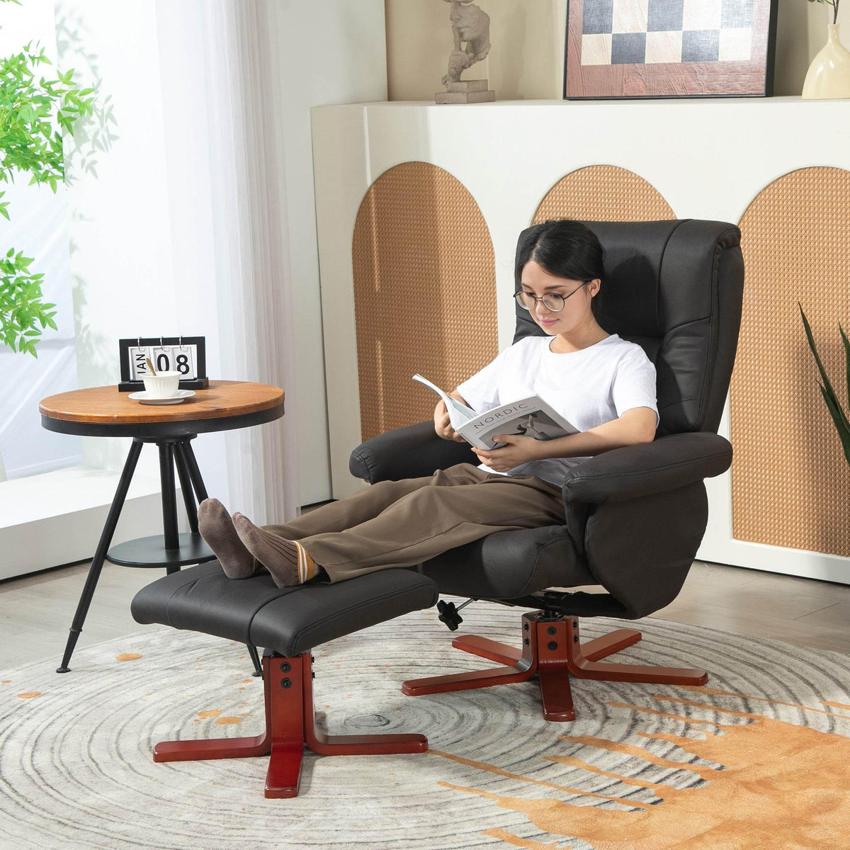 Black faux leather recliner with matching footstool, manual recline design and red base.
