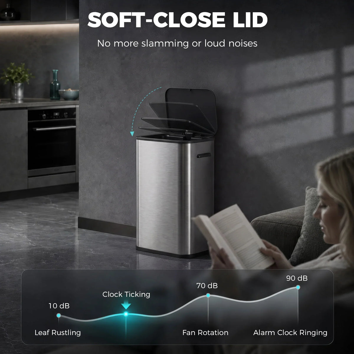 Stainless steel trash can with soft-close lid and quiet operation graphic overlay