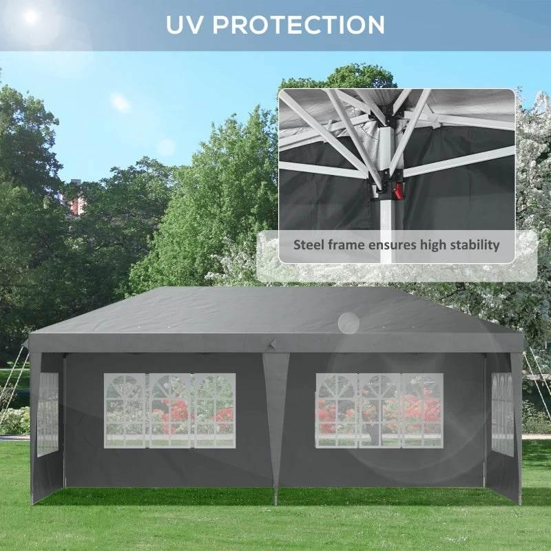 Grey pop-up gazebo with sidewalls and window panels, front view with support frame