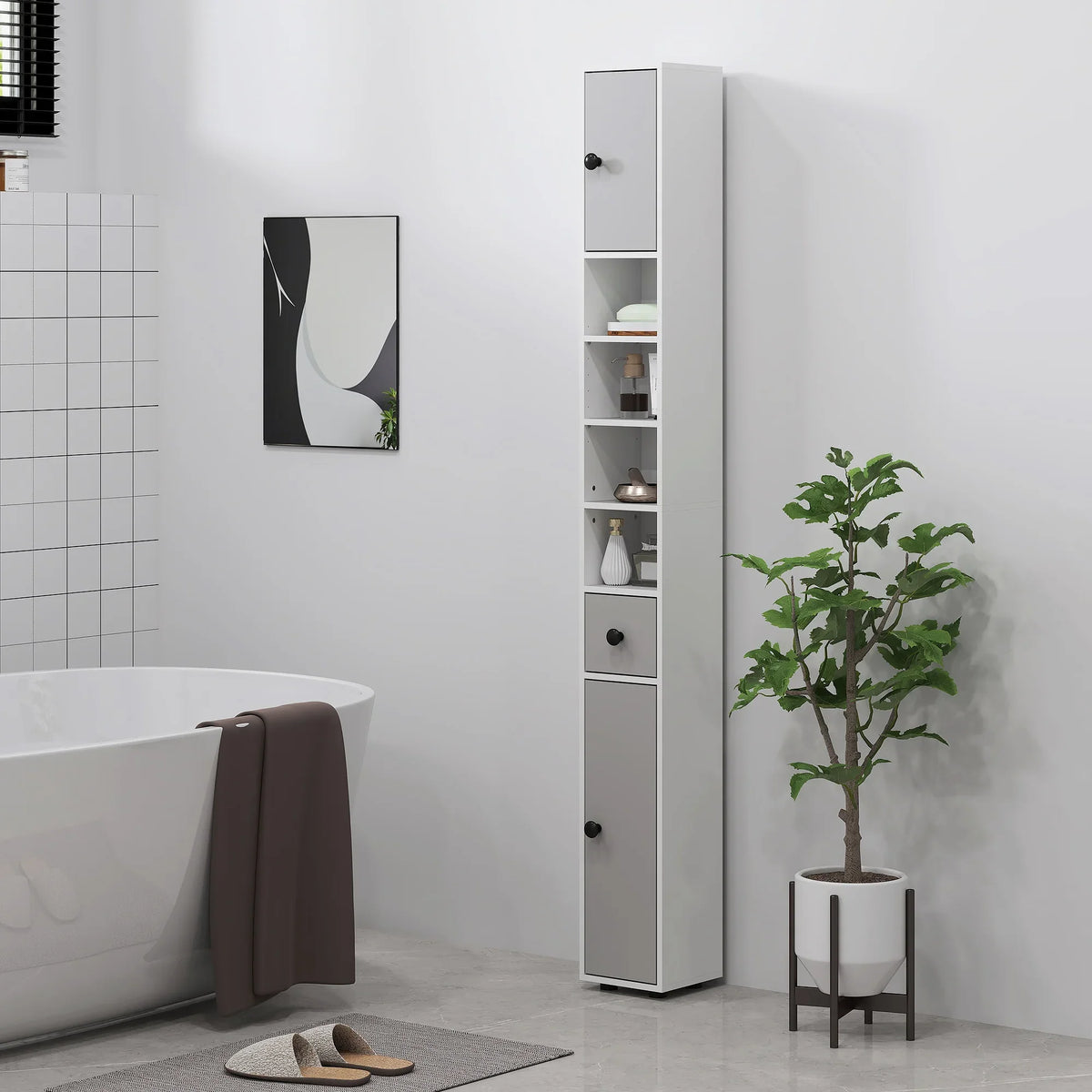 Light grey slim bathroom cabinet standing beside a wall with stacked doors, shelves, and drawers