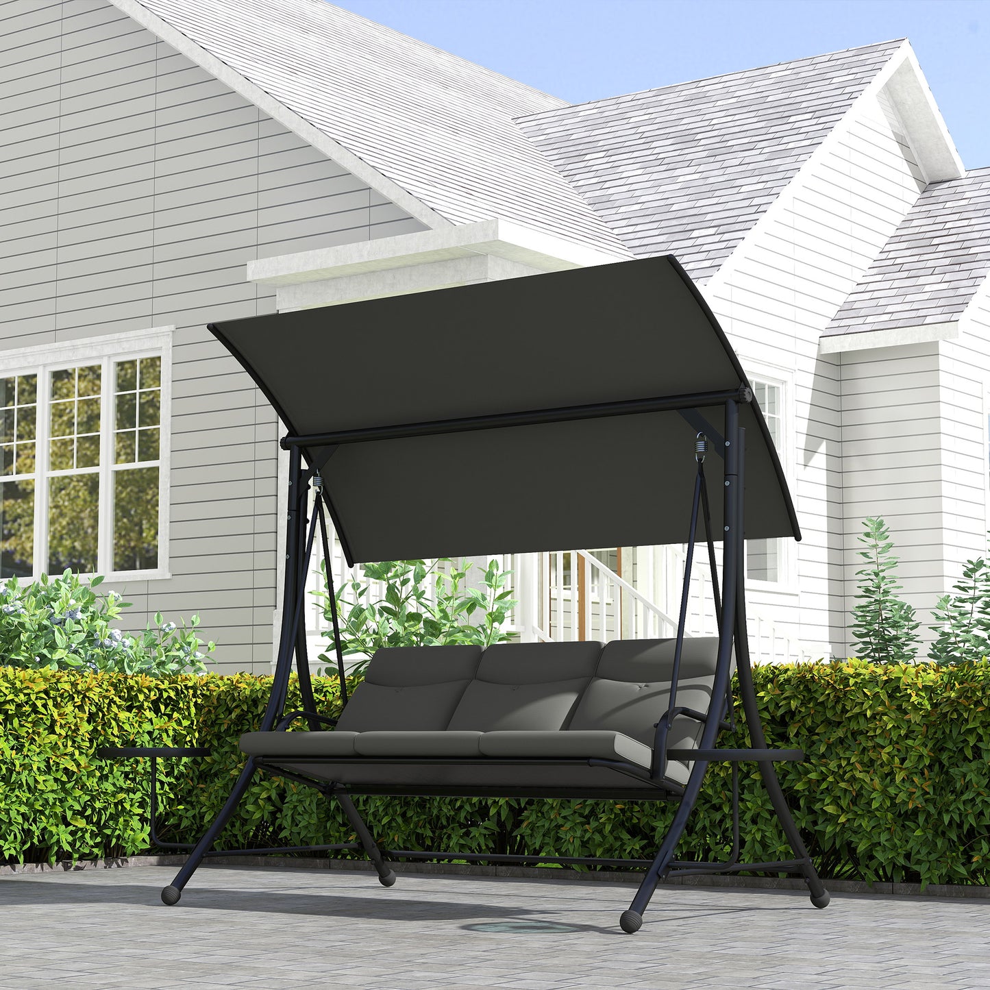 Outsunny Three Seater Garden Swing with Adjustable Canopy Black Grey Cushioned Seat and Back