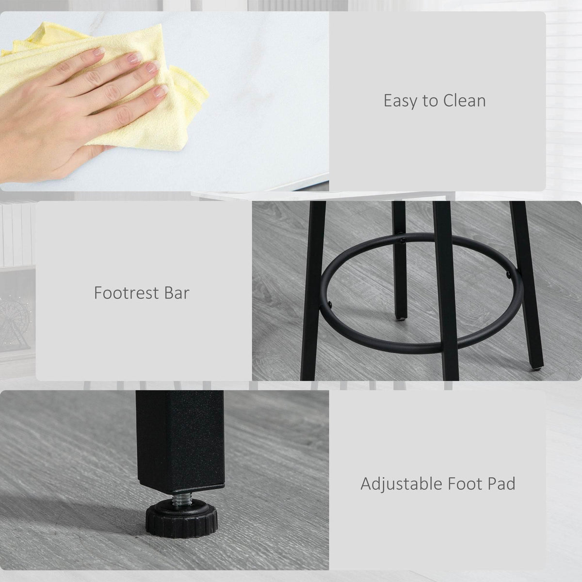 Bar stool footrest ring and adjustable foot pad detail on black frame