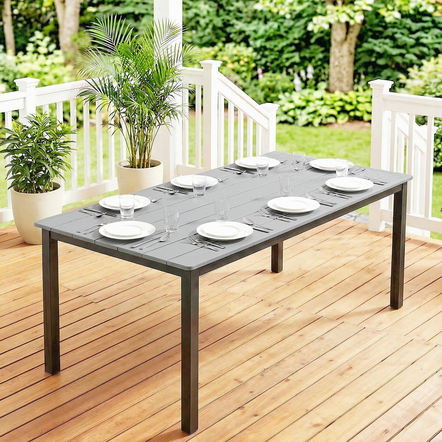Outsunny 180 cm Rectangular Outdoor Garden Dining Table For 6 To 8 People With Wood Slatted Top Grey