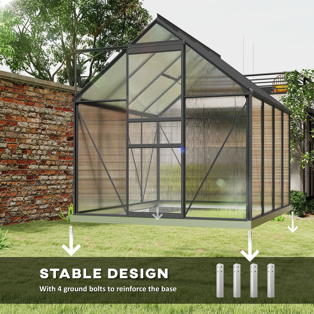 Polycarbonate greenhouse with dark grey frame and raised base with ground anchoring bolts