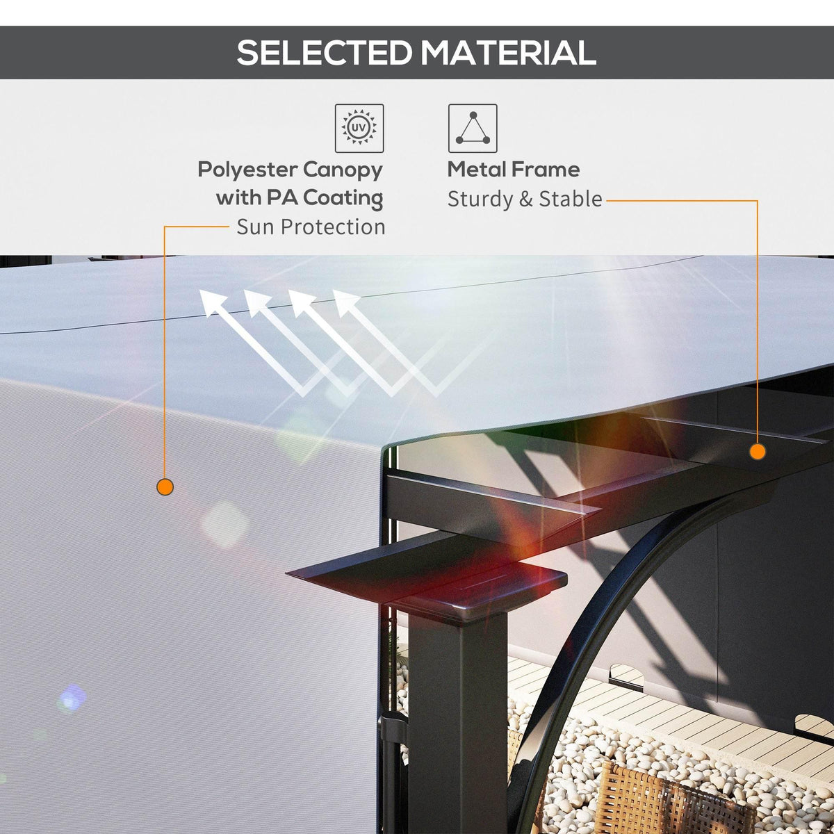 Grey metal pergola with polyester canopy fabric for UV sun protection and sturdy frame