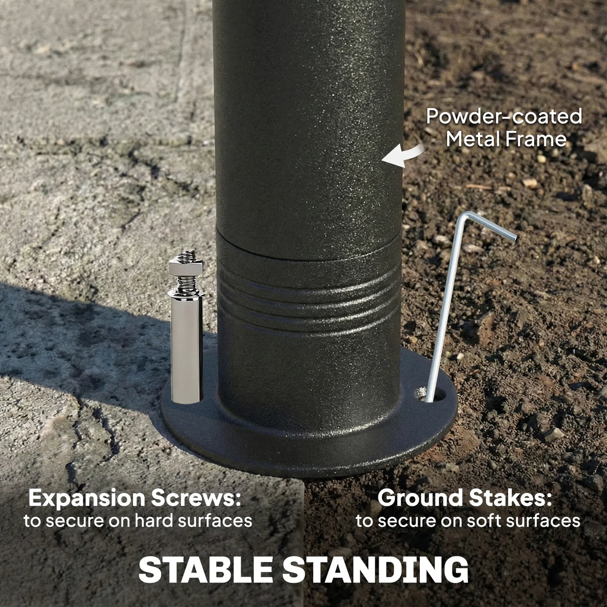 Powder-coated metal gazebo base with expansion screws and ground stakes for stability