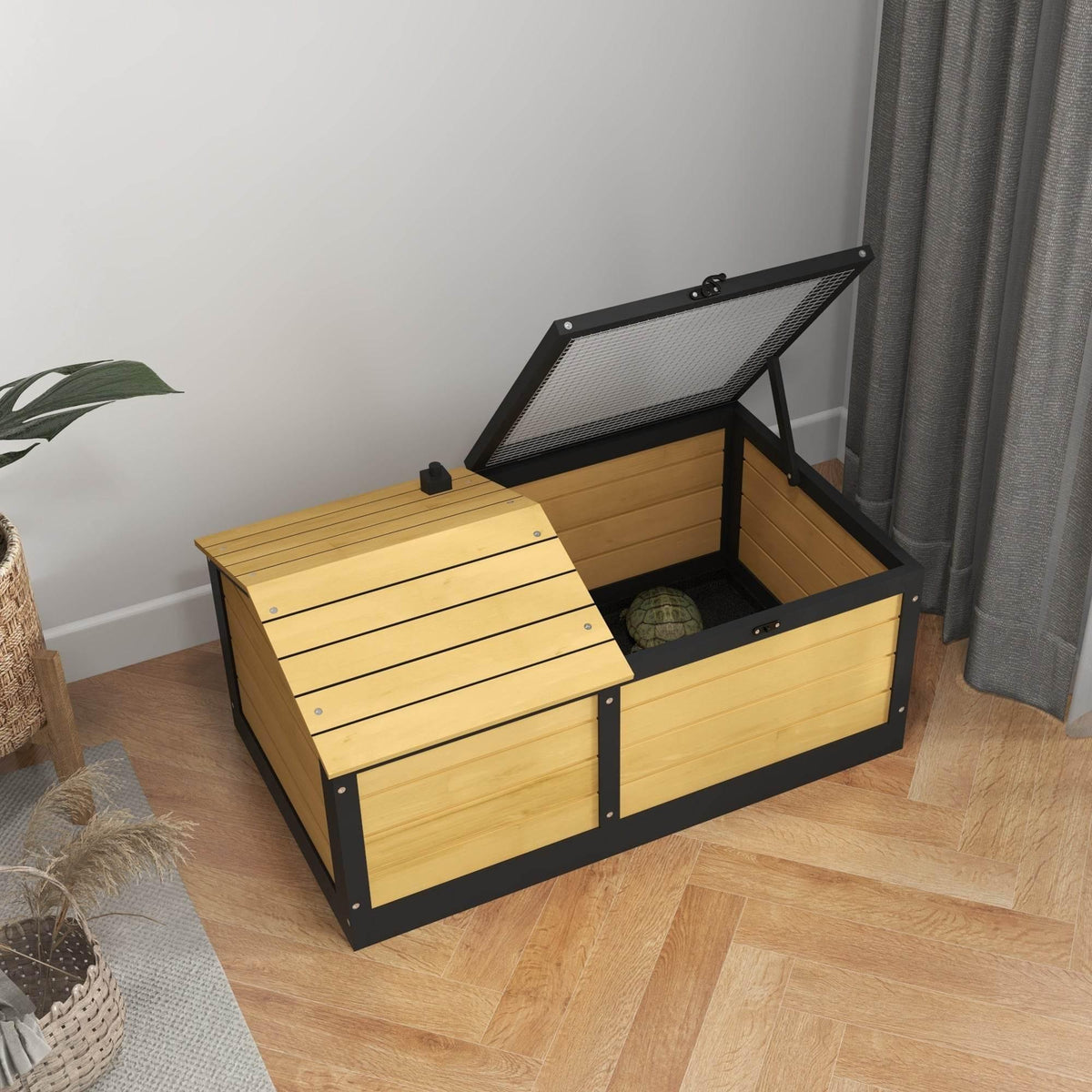 Corner view of yellow and black reptile habitat with lifted lid and wire mesh ramp