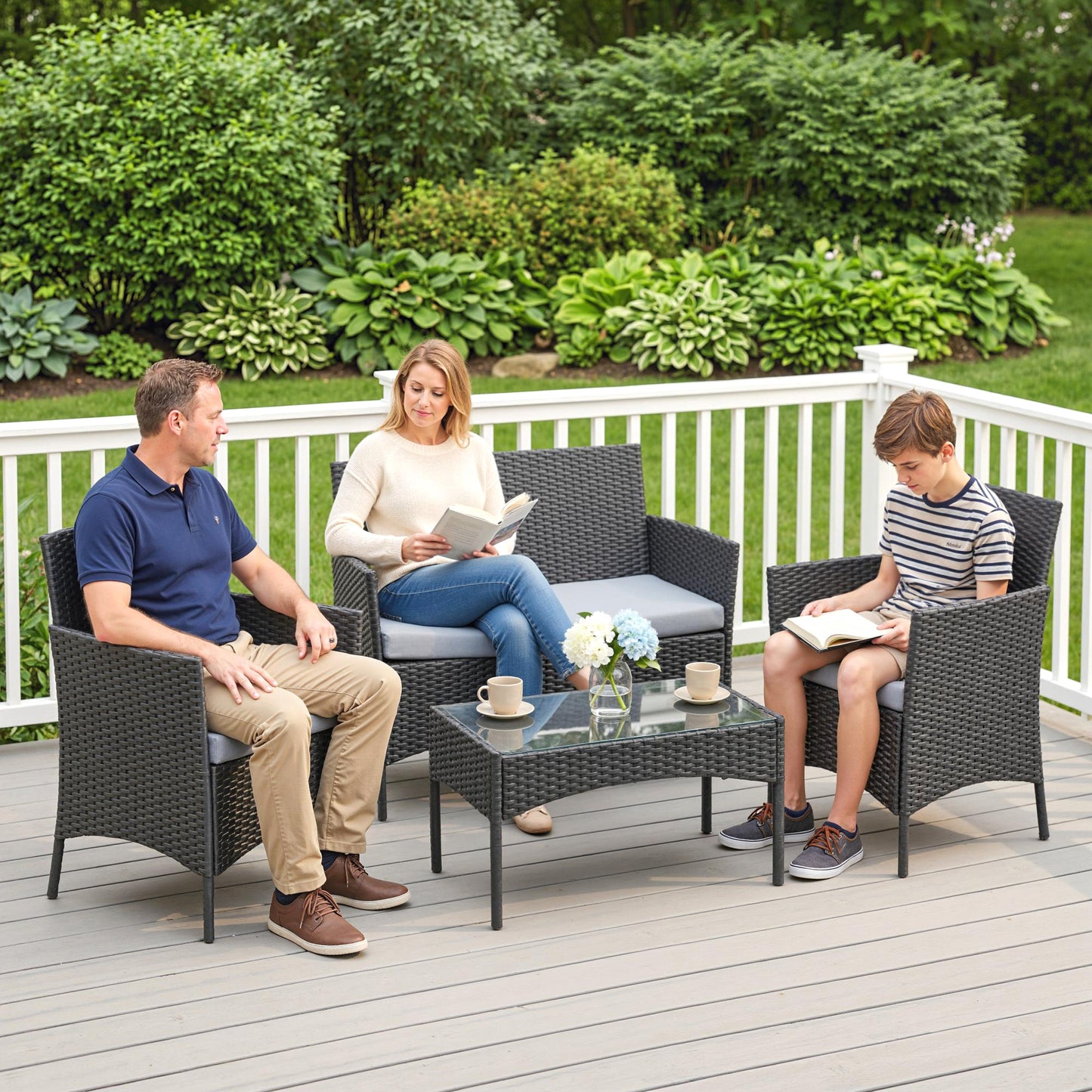 Outsunny 4 Piece Rattan Garden Furniture Set With Loveseat, Armchairs, Glass Top Coffee Table And Cushions Black