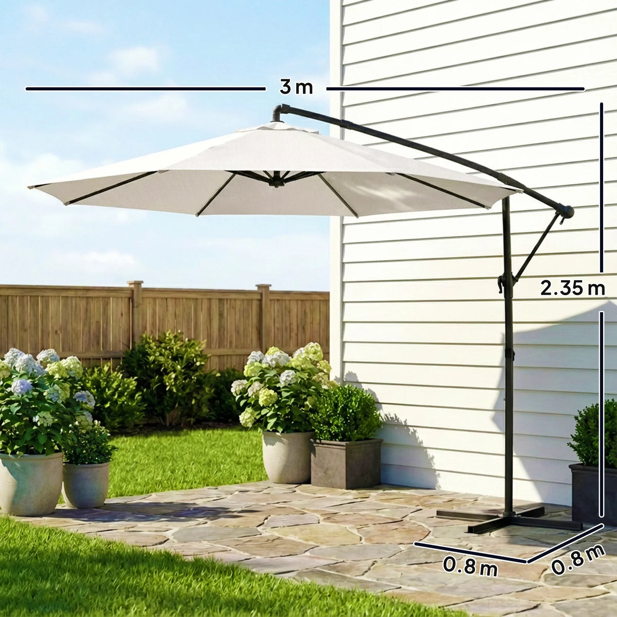 Cream cantilever parasol with tilt frame, round canopy, and freestanding side post