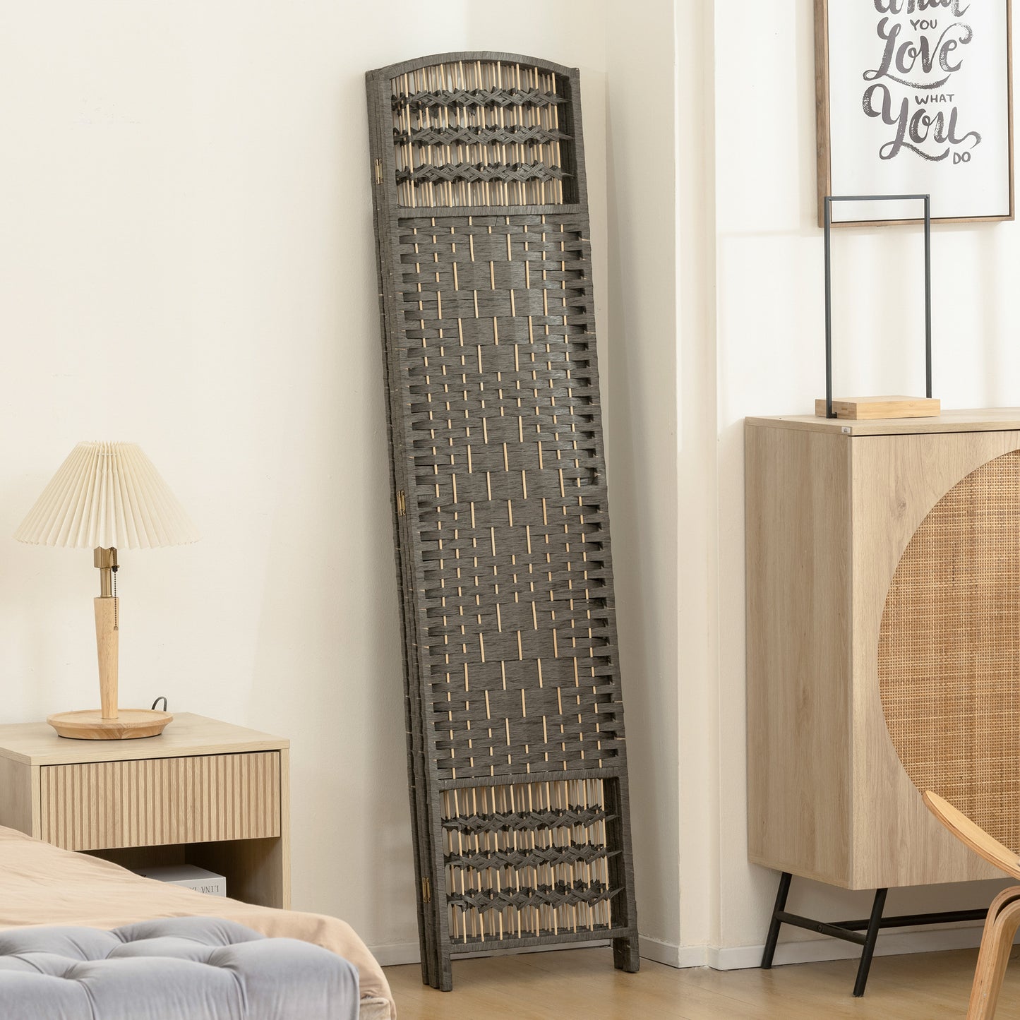 HOMCOM 4 Panel Folding Privacy Screen Room Divider With Pine Wood Frame For Living Room And Office Dark Grey