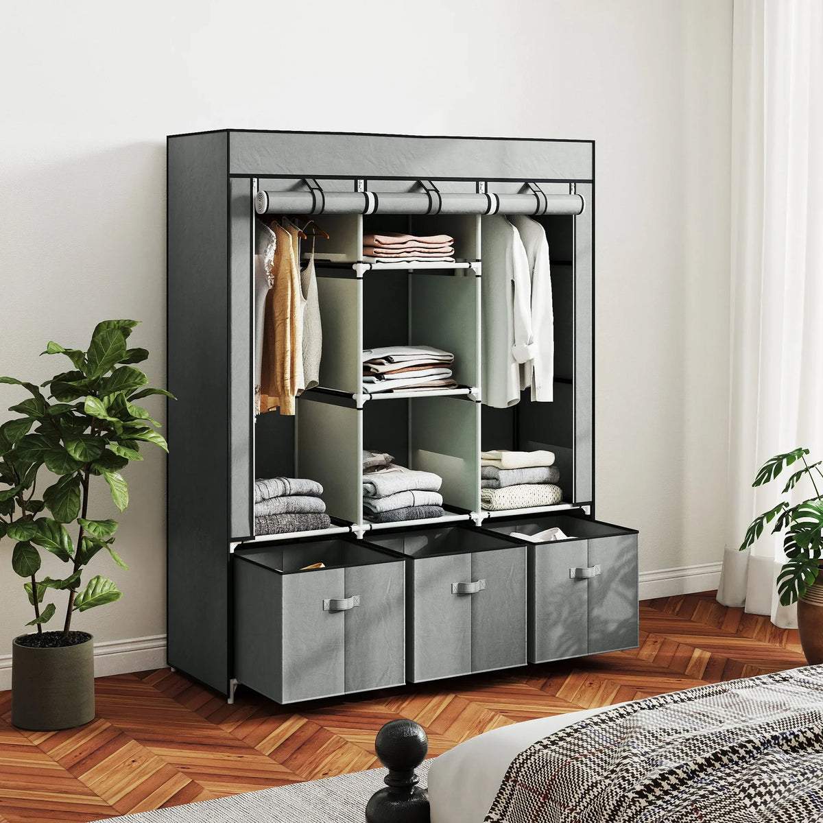 Foldable fabric wardrobe in light grey with dark frame, hanging rail and 3 drawers