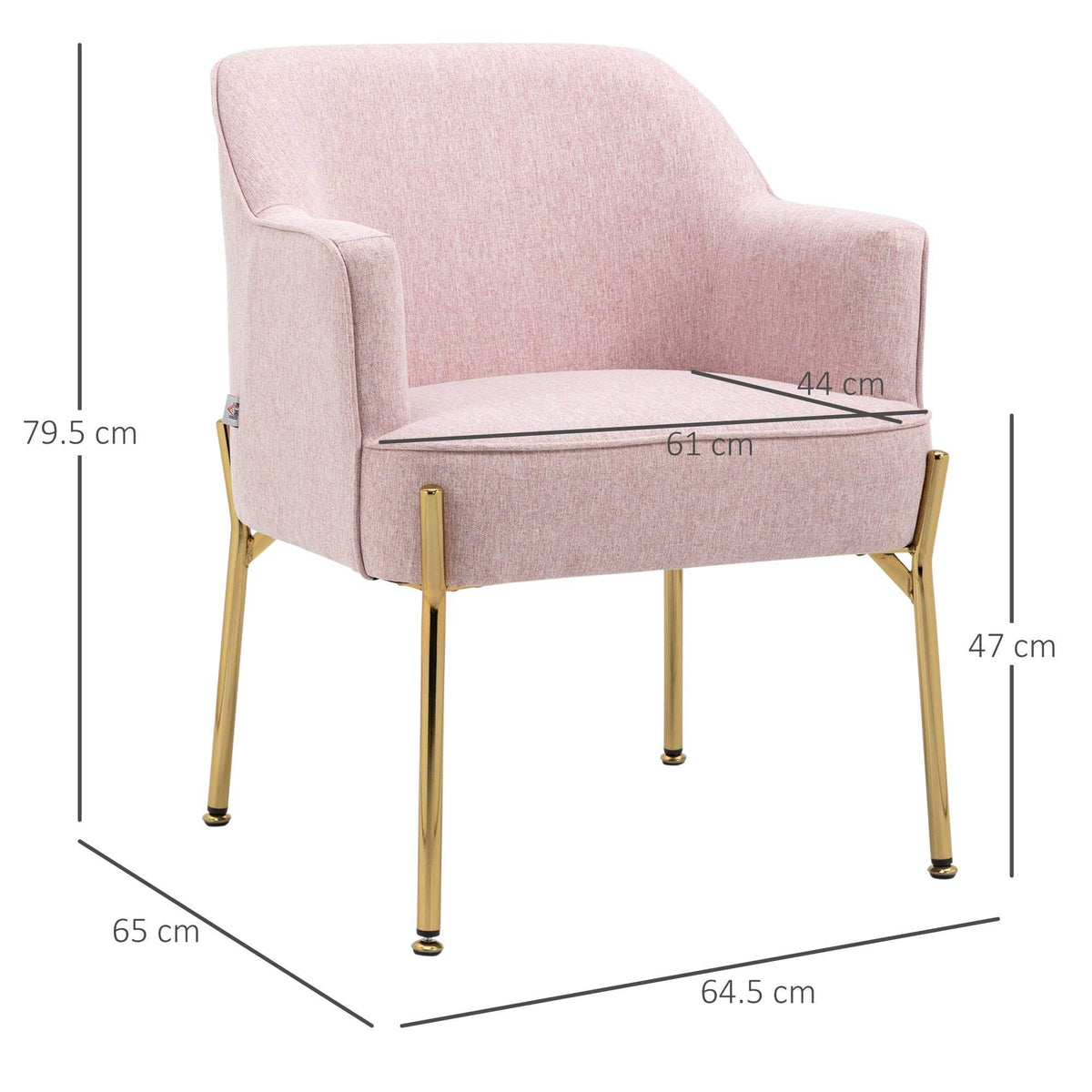 Pink upholstered accent chair with thick padded seat and gold legs, side view