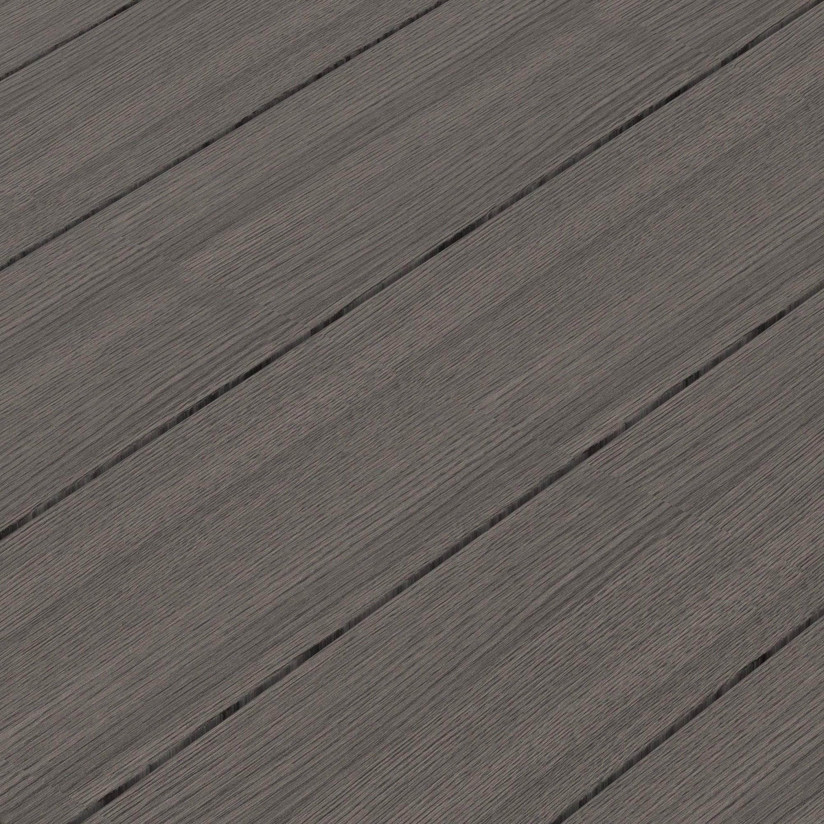 Close-up of grey slatted wood-plastic composite tabletop with parallel plank surface
