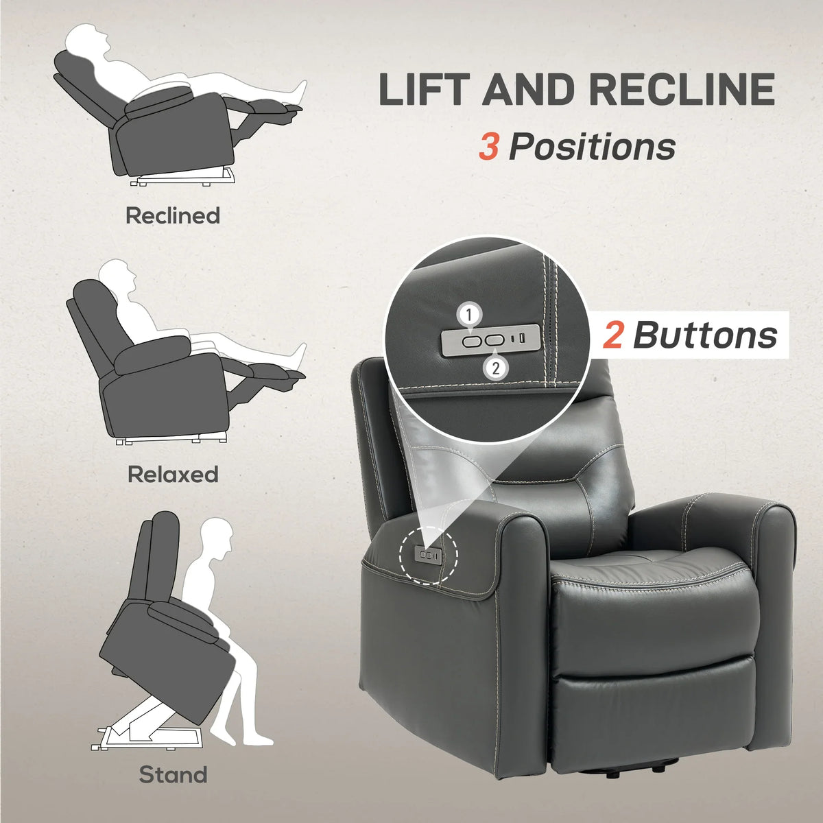 Charcoal gray power lift recliner chair showing lift, recline, and stand positions