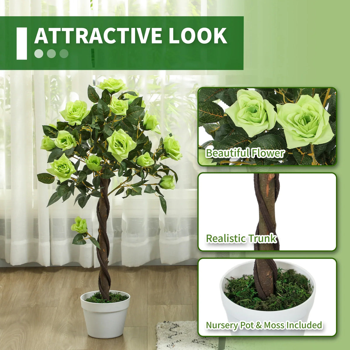 Faux rose tree with light green roses and dark leaves on a brown textured trunk in a white pot