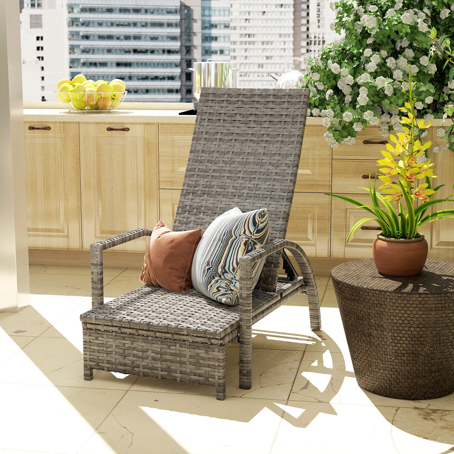 Outsunny Grey Reclining Rattan Lounger With Extending Footrest And Adjustable Back In Four Positions