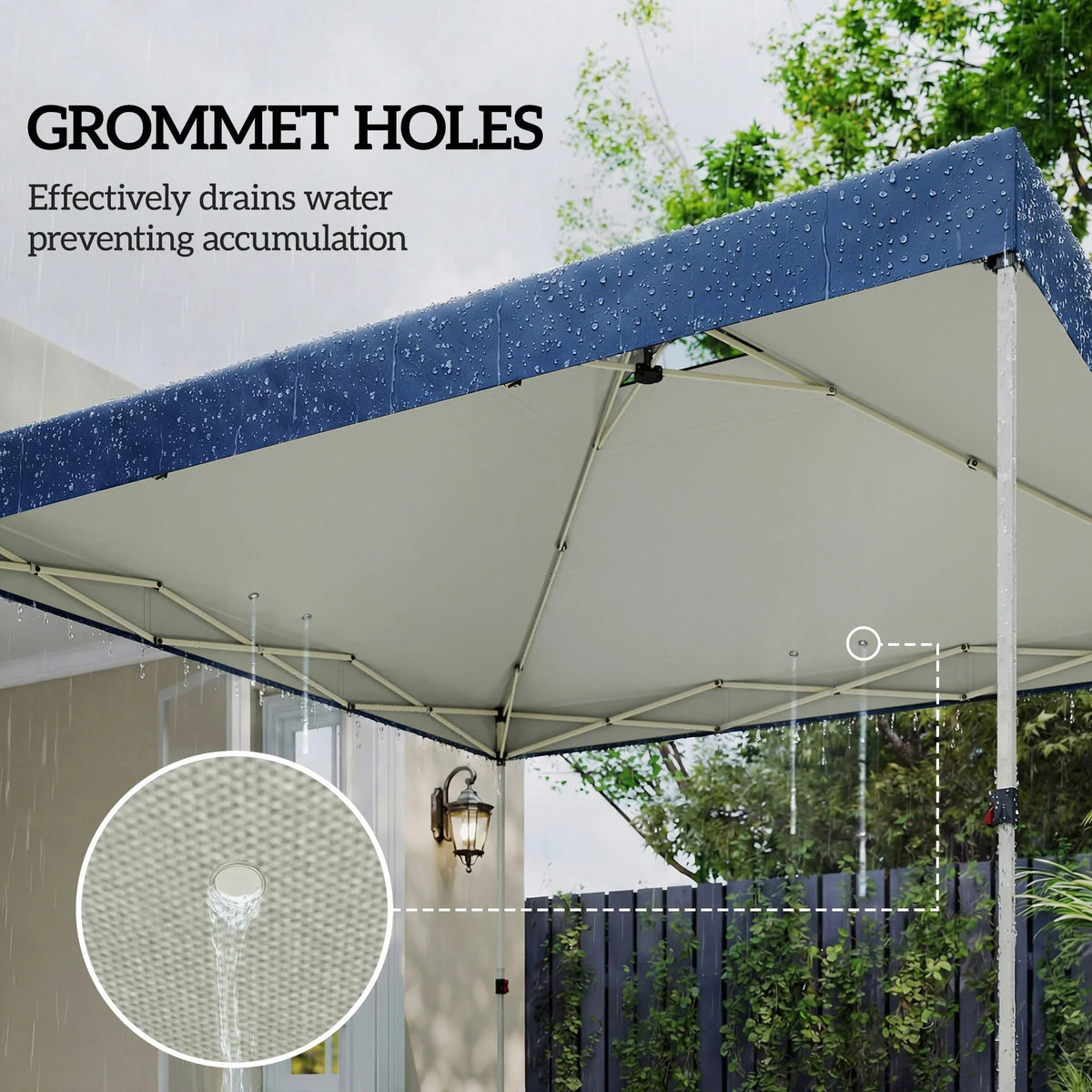 Blue canopy roof with grommet holes for water drainage