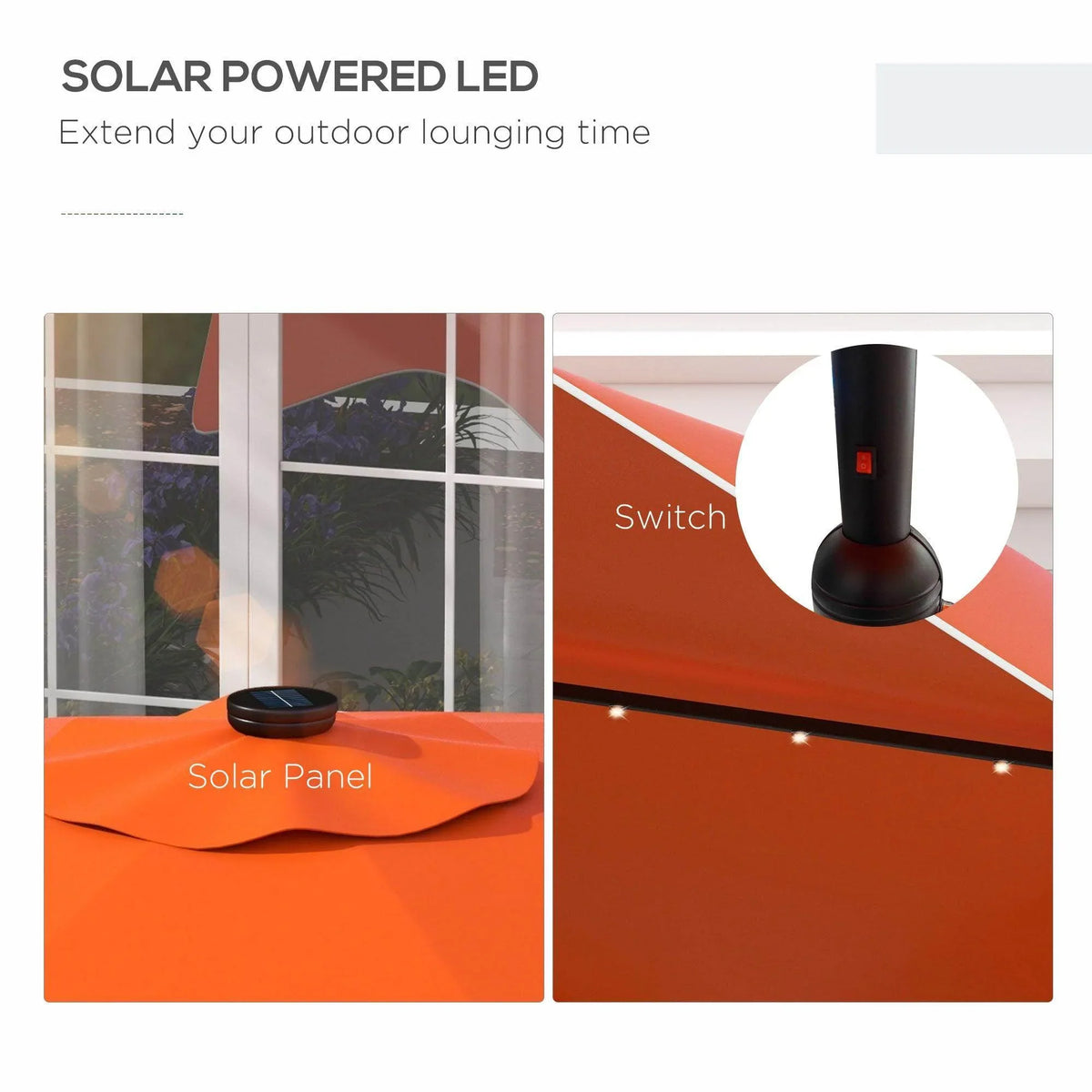 Orange solar patio umbrella canopy with solar panel and LED switch detail