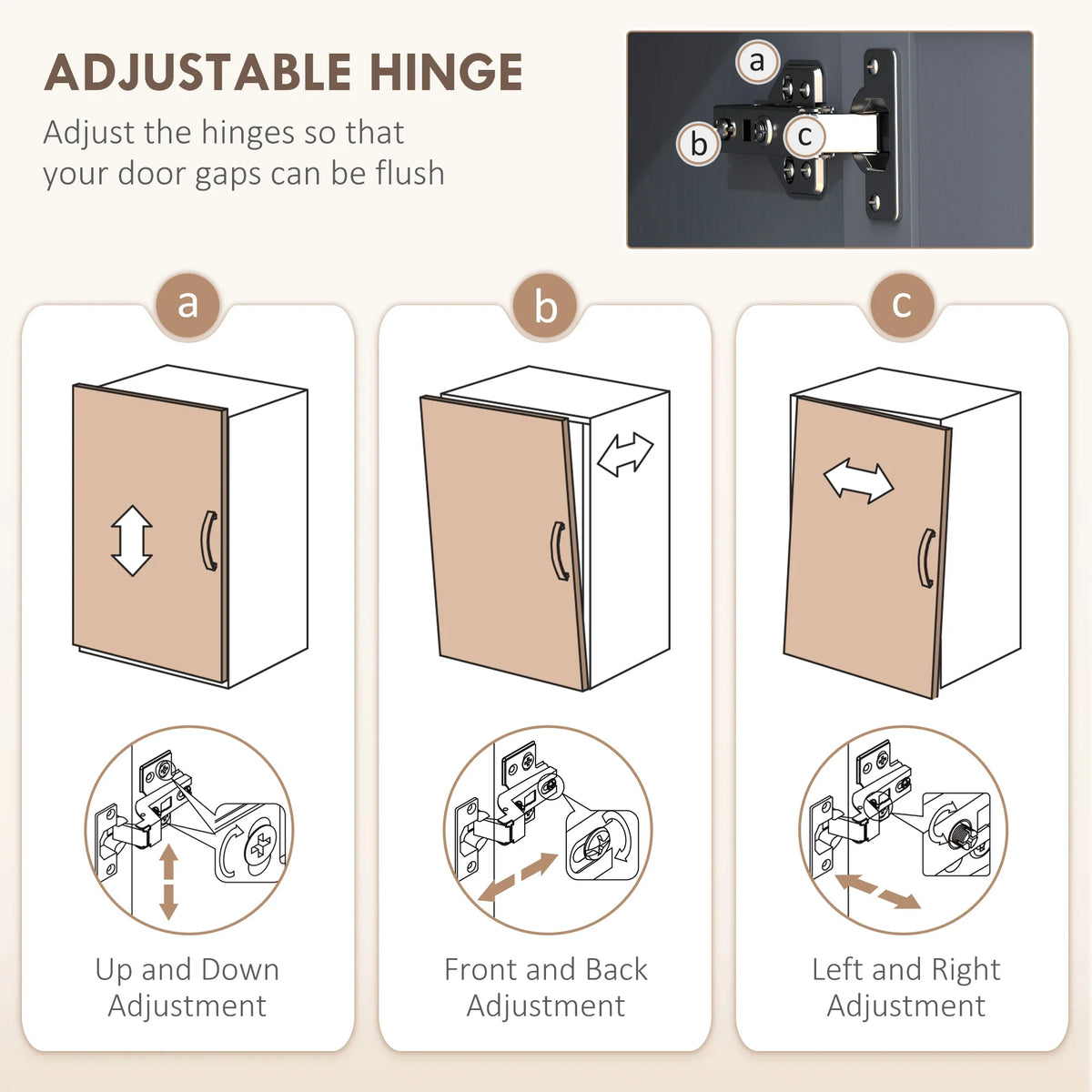 Adjustable hinge diagram for cabinet doors, showing up/down and left/right adjustments