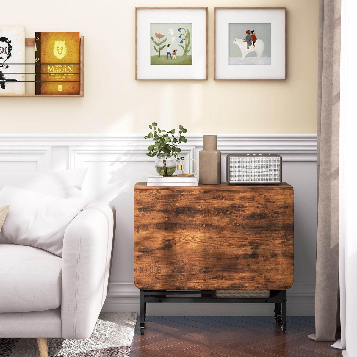 Rustic brown folding storage table with casters beside a couch