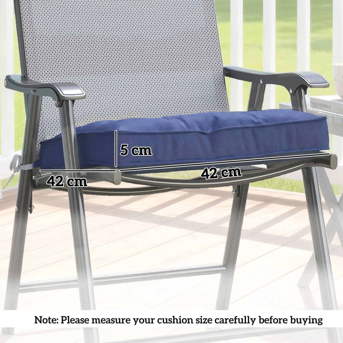 Dark blue padded seat cushion with 42 x 42 cm size and 5 cm thickness