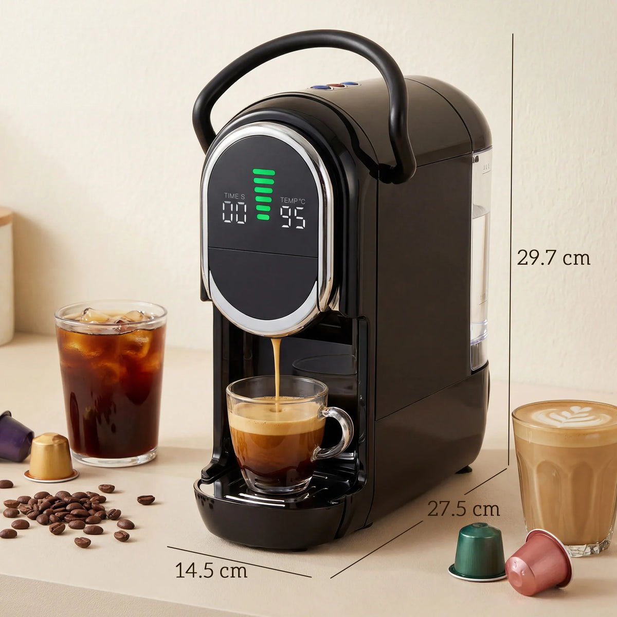 Black semi-automatic coffee machine with spout and glass cup on base