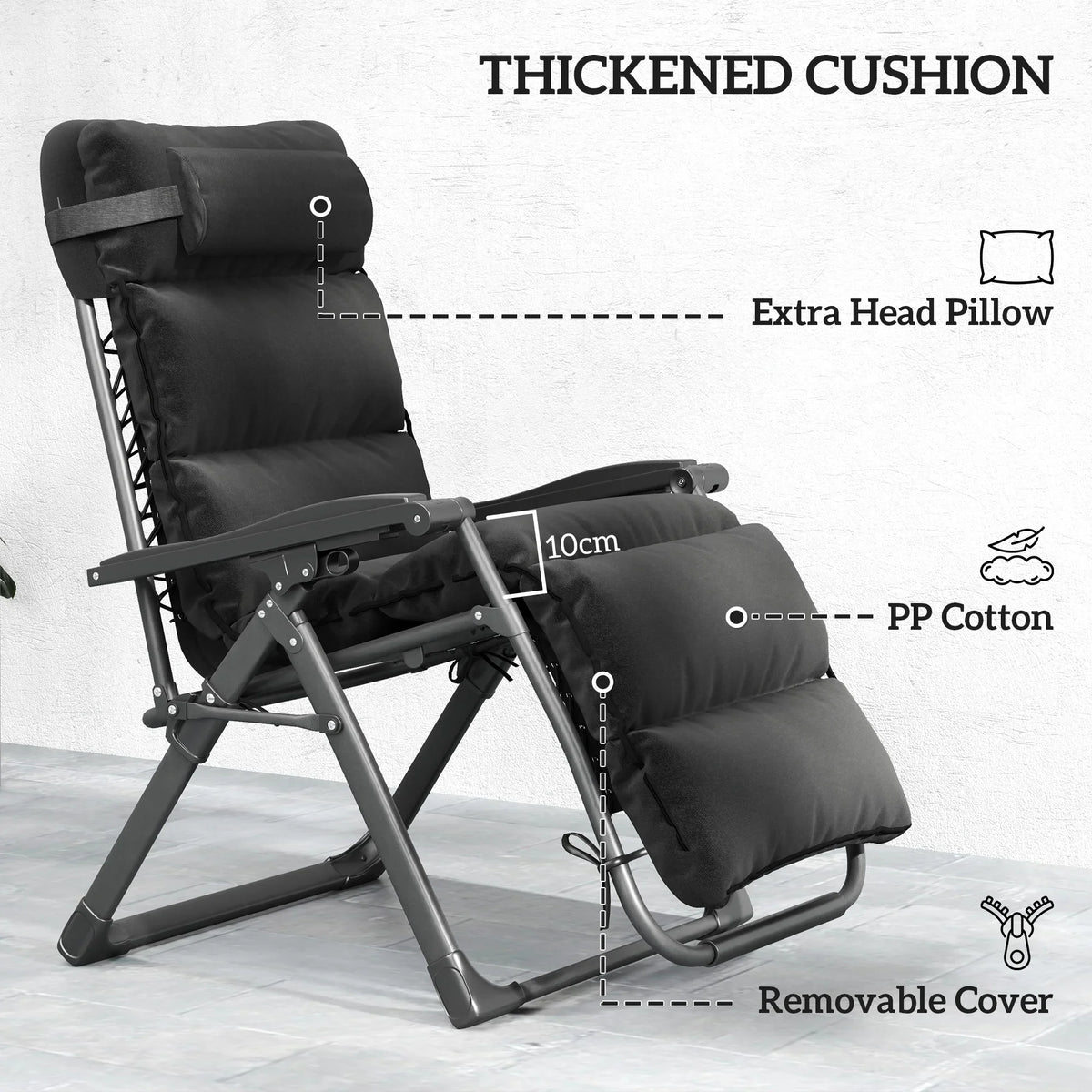 Black zero-gravity lounge chair with thick cushion, extra head pillow, and removable cover