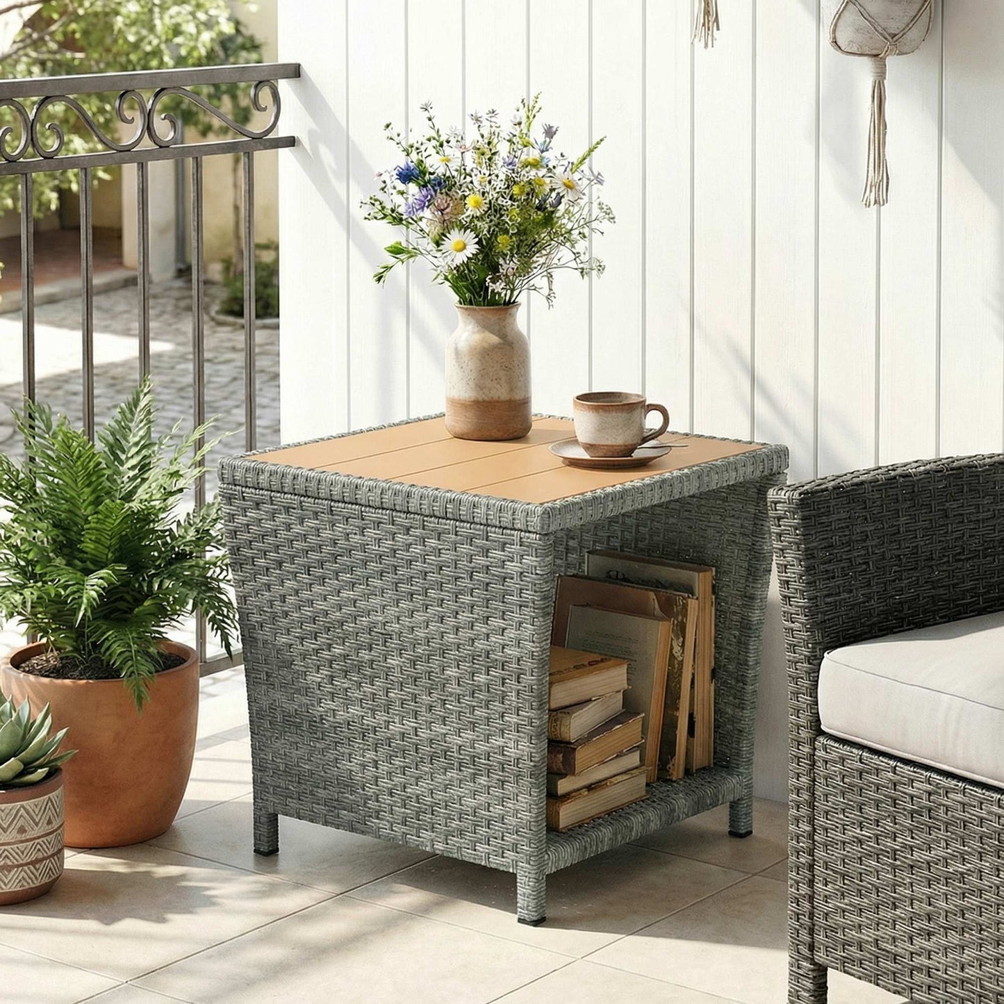 Outsunny Two Tier Outdoor Coffee Table With Storage Shelf And Wood Slat Top Light Grey