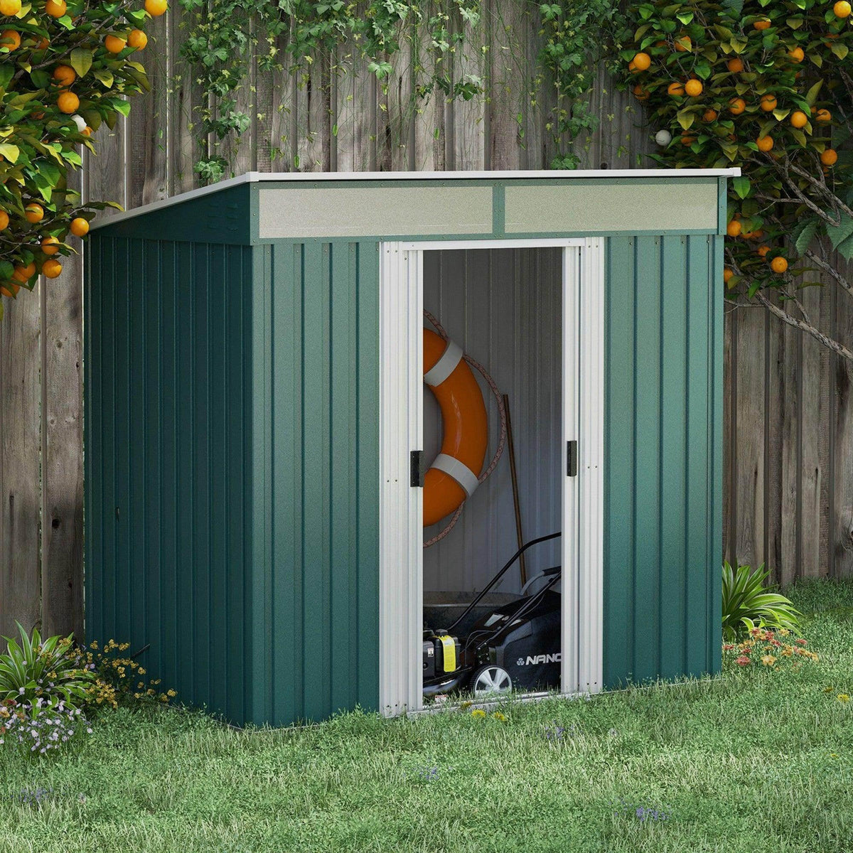 Green galvanized metal garden shed with double sliding doors and lockable access