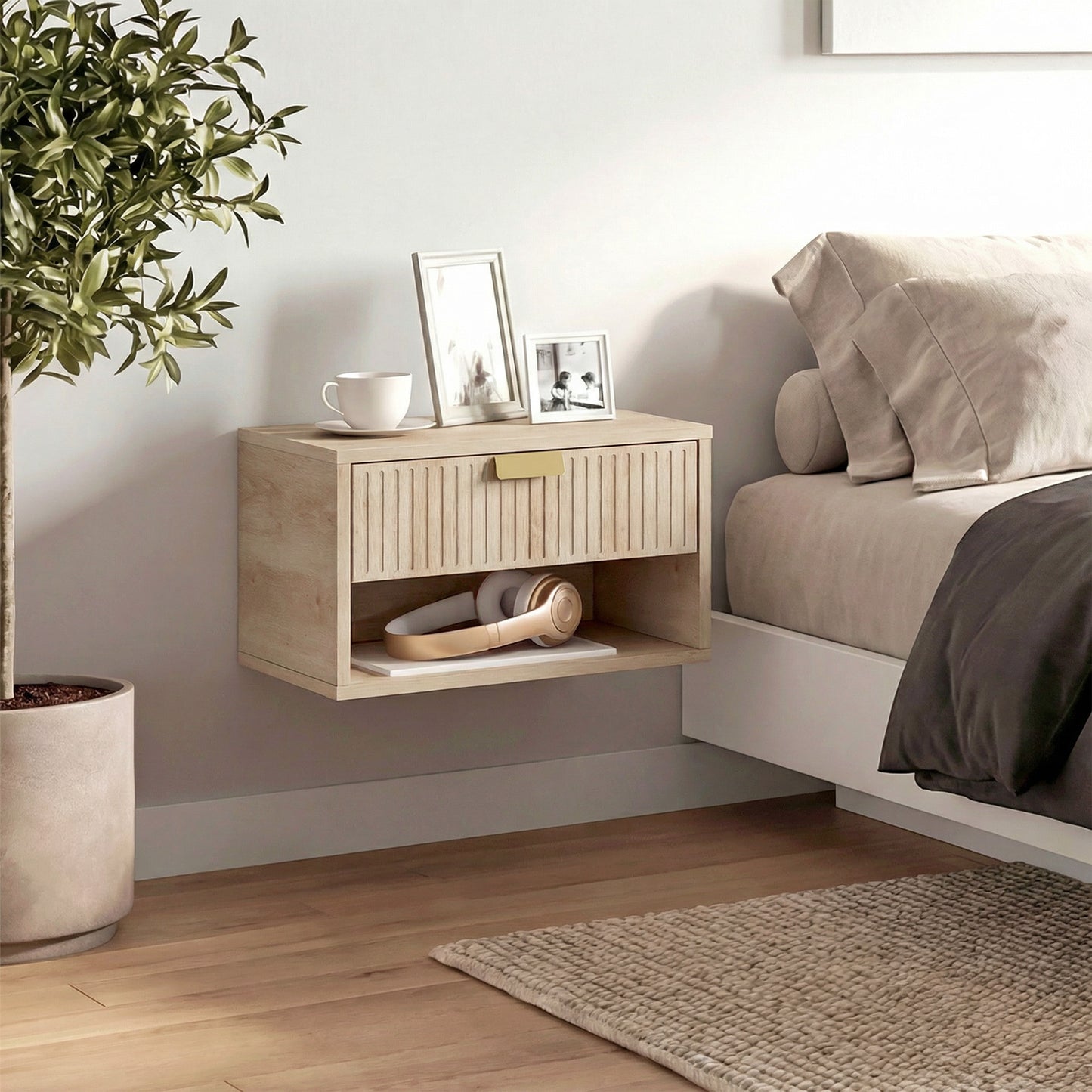 HOMCOM Set Of 2 Wall Mounted Nightstands Floating Bedside Tables With Fluted Drawer And Open Shelf For Small Bedroom Oak